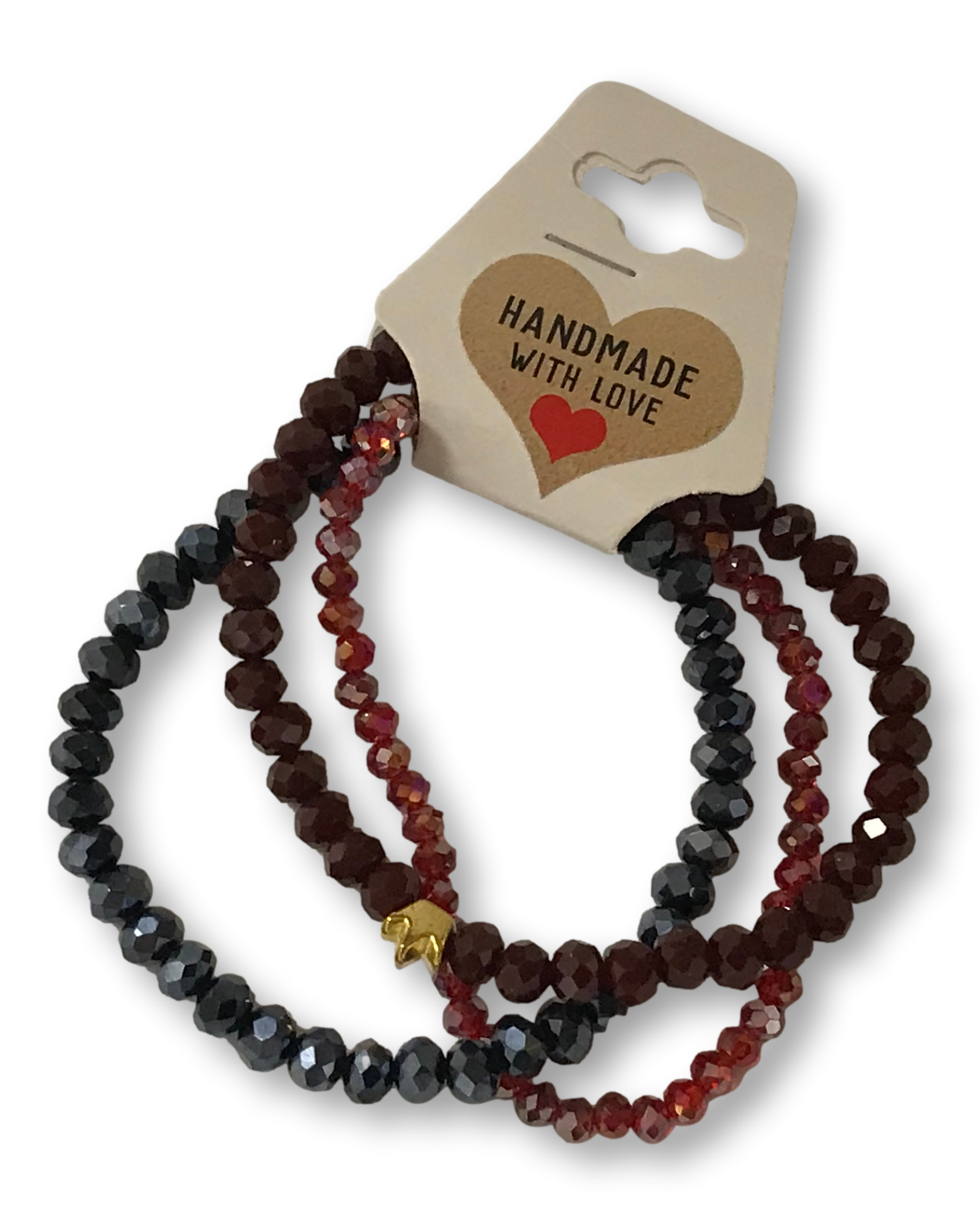 Set of beaded bracelets on a card with 'Handmade with Love' text