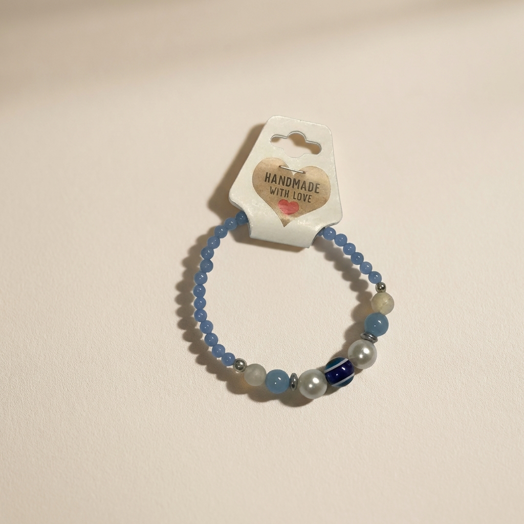 Handmade Blue Ombre Beaded Bracelet Sky Blue Agate and White Jade with Silver Accents Minimalist Stackable Jewelry Boho Style