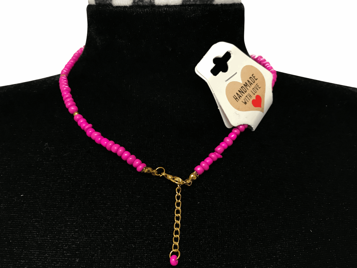 Pink Beaded Gold Star Necklace, Hot Pink Choker Beaded Jewelry, Cute Minimalist, Metal-Plated Clasp w/ Extension Chain