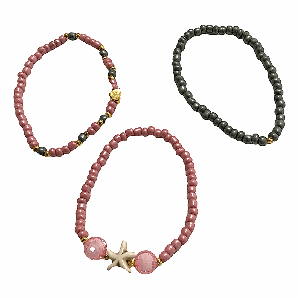Handmade Pink Gray Gold Beaded Bracelet Set, Starfish & Heart Charms, Boho Ocean Jewelry