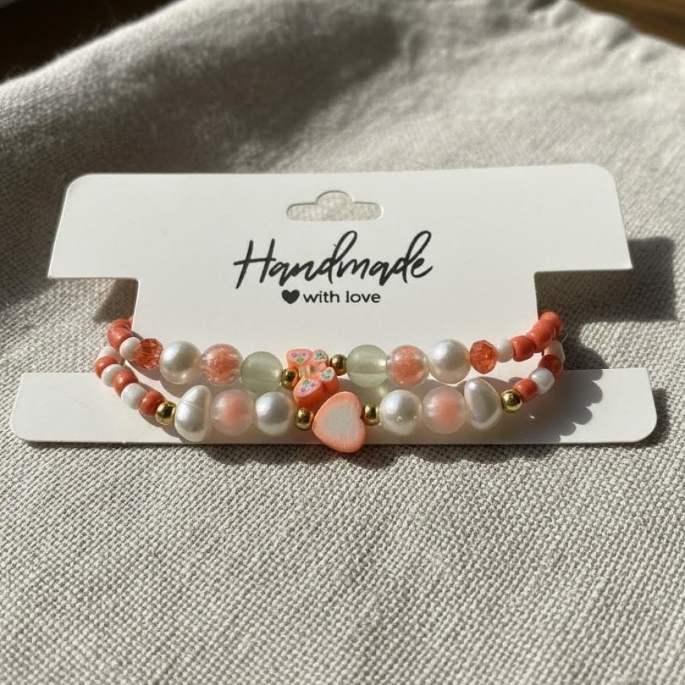 Coral Heart Butterfly Charm Bracelet Set, Handmade Faux Pearl Seed Bead Stretch Bracelet, Love & Transformation Jewelry