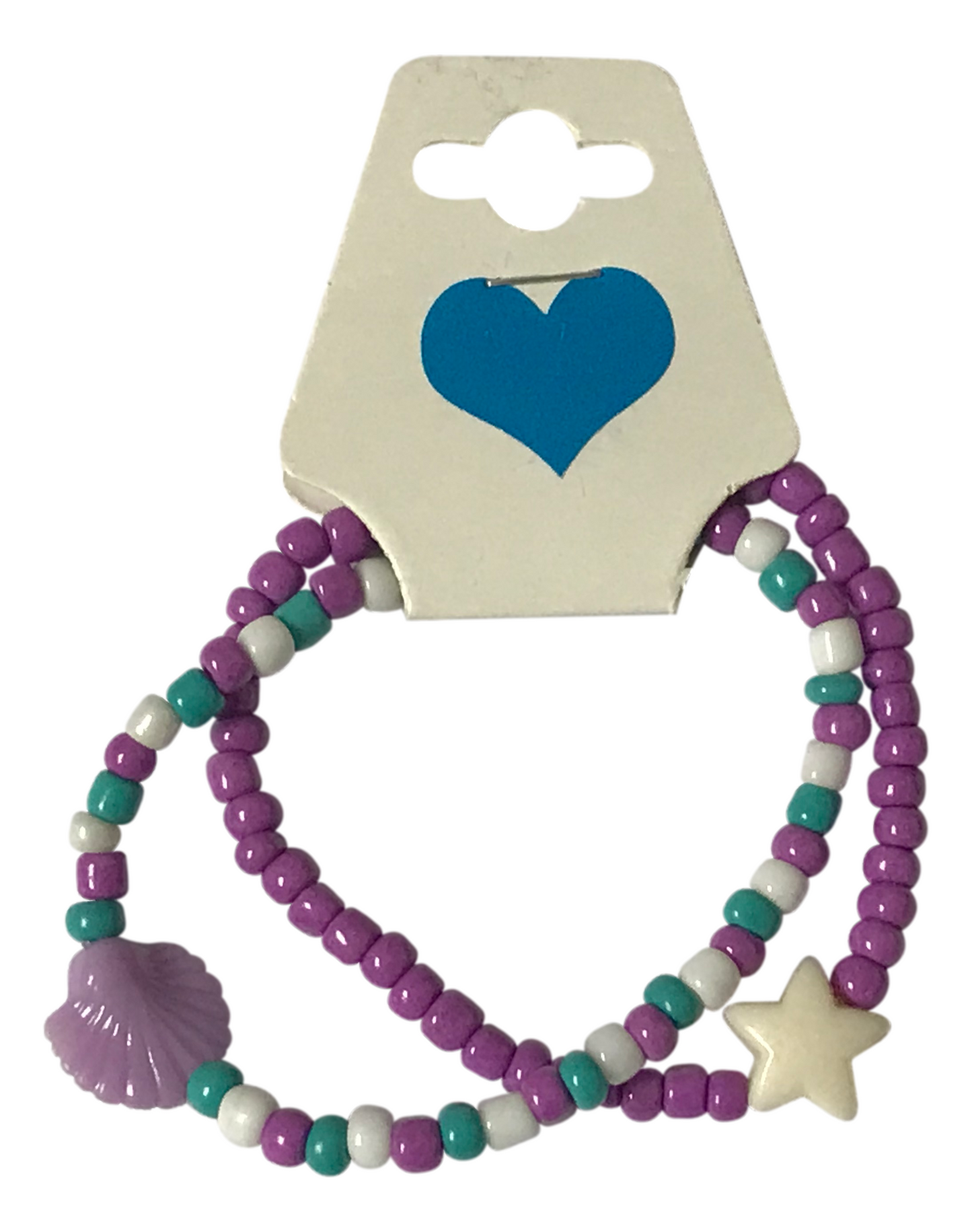 Beaded Bracelet Set, Purple Teal & White Stretch Bracelet with Star & Shell Charms - Friendship & Confidence Symbol Jewelry
