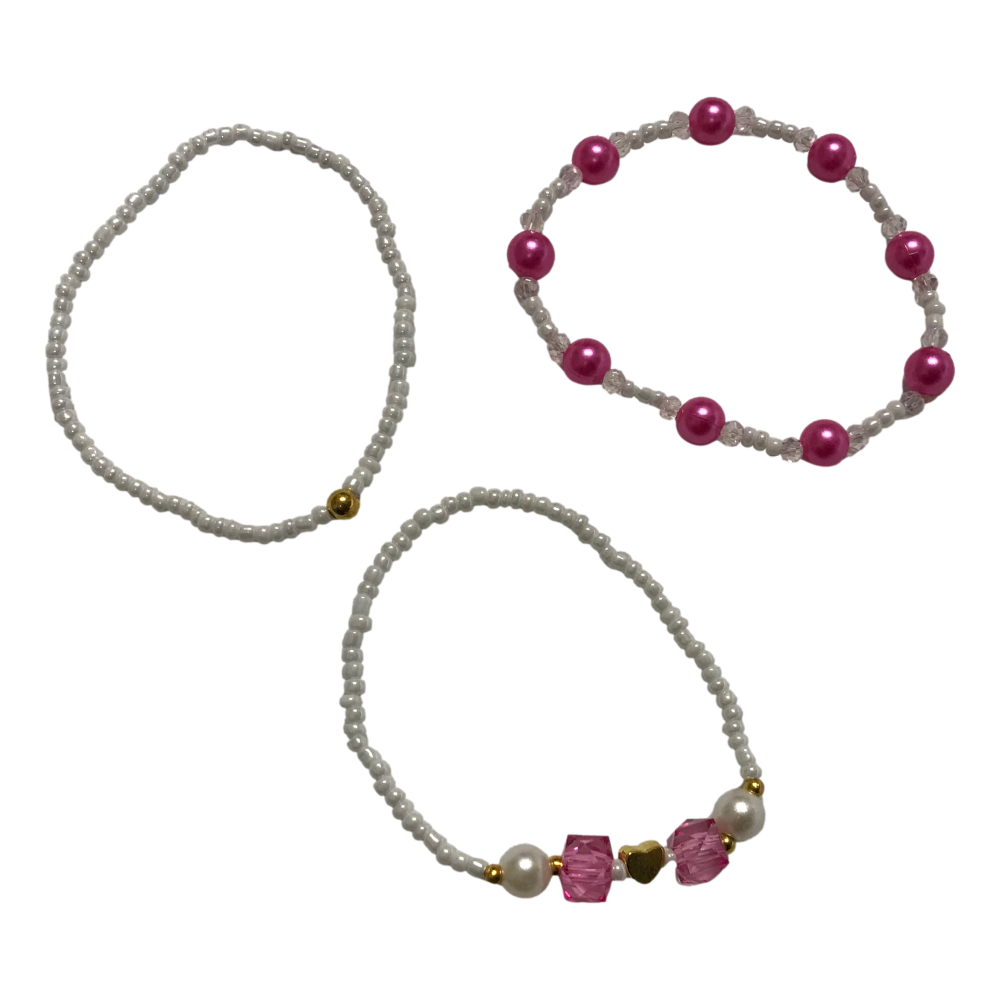 Handmade Pink White Beaded Bracelet Set, Heart Charm, Boho Ocean Jewelry