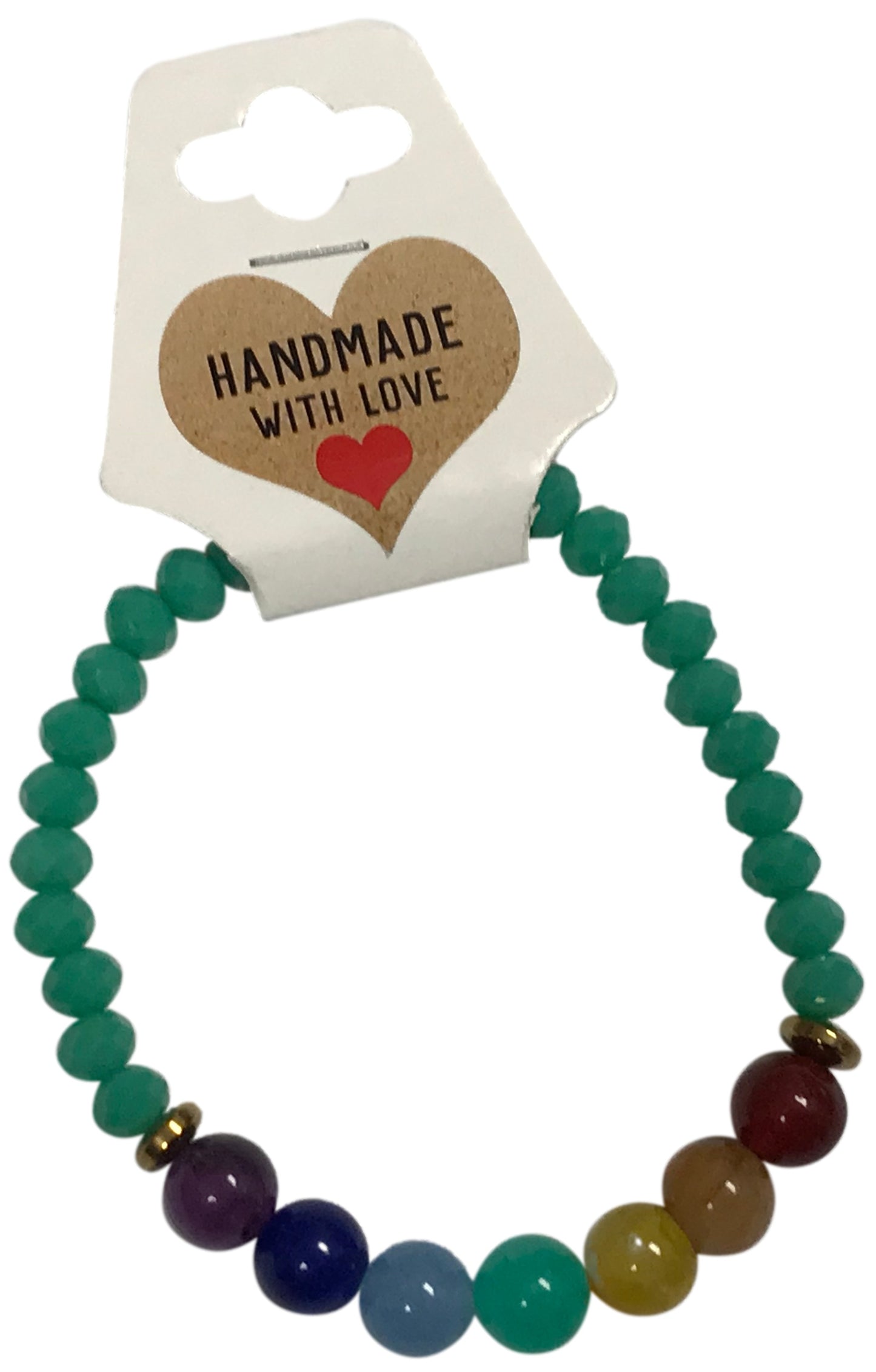 Green and Multicolored beaded bracelet on a card with 'Handmade with Love' text