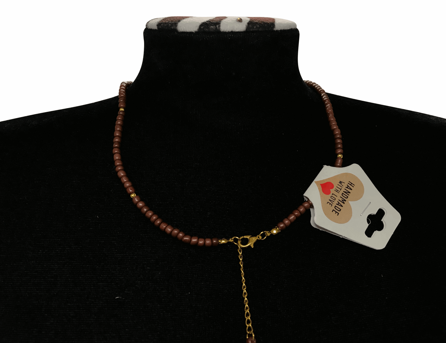 Brown Seed Bead Necklace with Gold Star Charms, Dainty Beaded Jewelry Metal-Plated Clasp w/ Extension Chain
