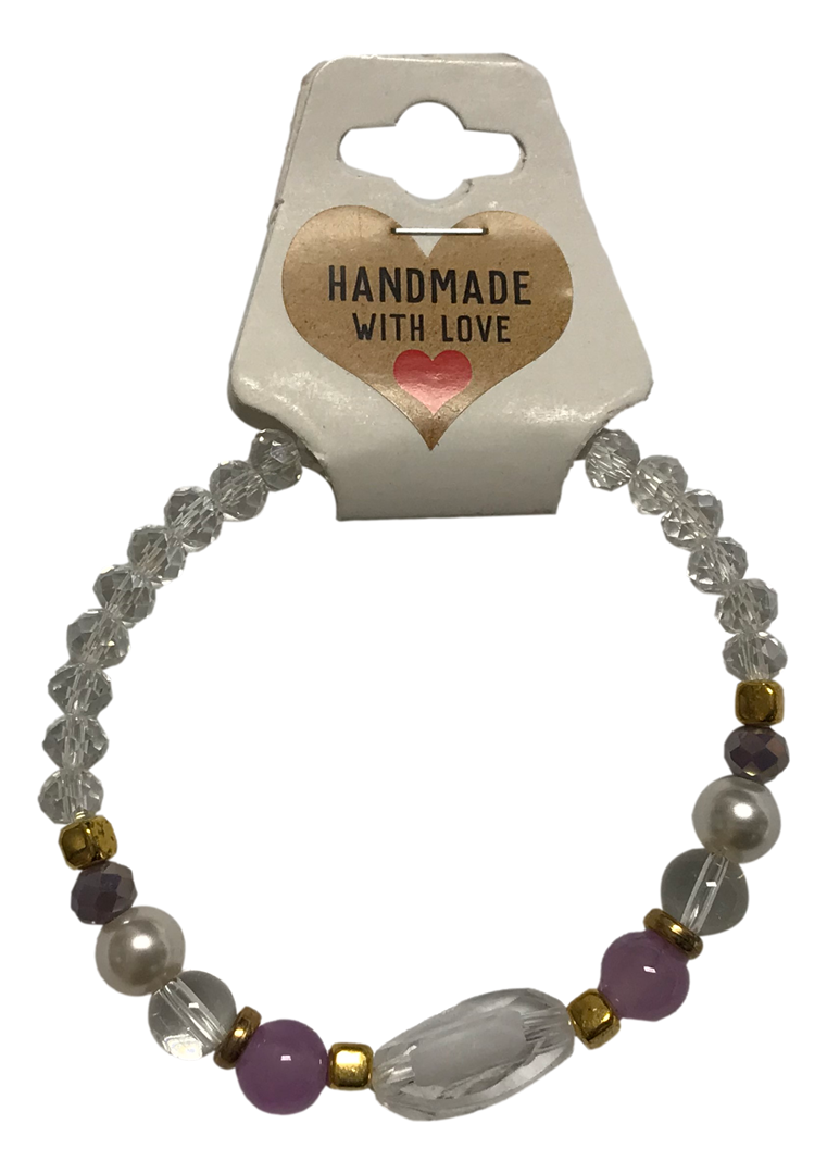Handmade Beaded Bracelet - Lavender Amethyst-Style, Moonstone-Inspired & Pearl-Like Beads with Gold-Tone Accents and Clear Gemstone-Style Centerpiece