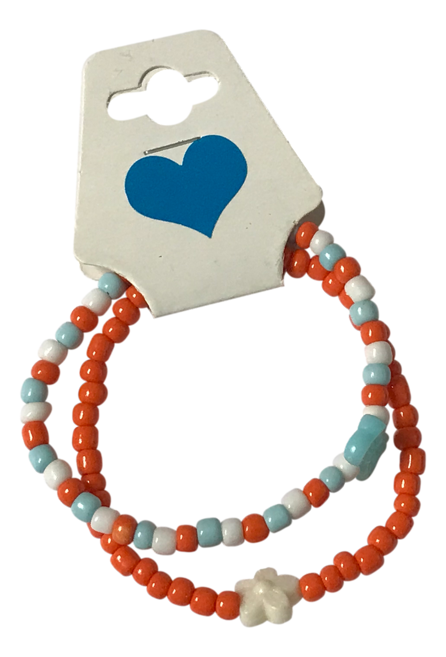 Beaded Bracelet Set, Orange White & Aqua Stretch Bracelets w/ Flower Charm - Happiness, Calm & Growth Symbol Jewelry