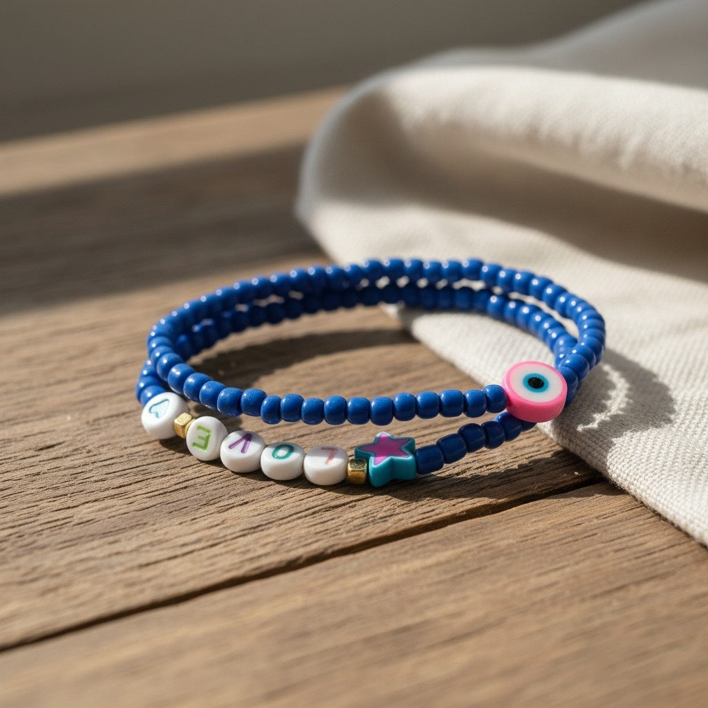 Handmade Blue Beaded Bracelet Set with Evil Eye Charm— Personalized Friendship Gift For Her, Stackable Stretch Jewelry