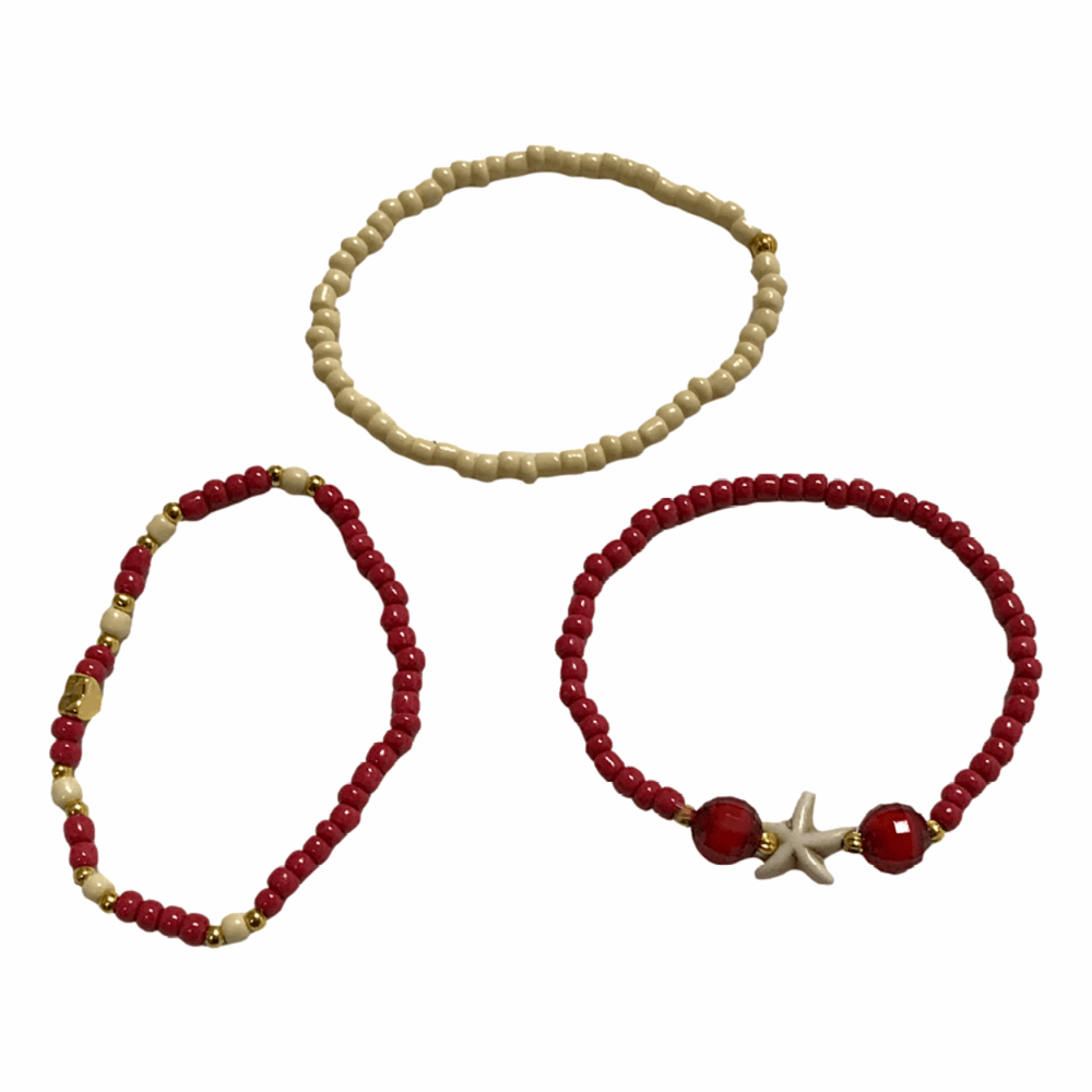 Handmade Red Cream Beaded Bracelet Set, Starfish and Heart Charm, Boho Ocean Jewelry