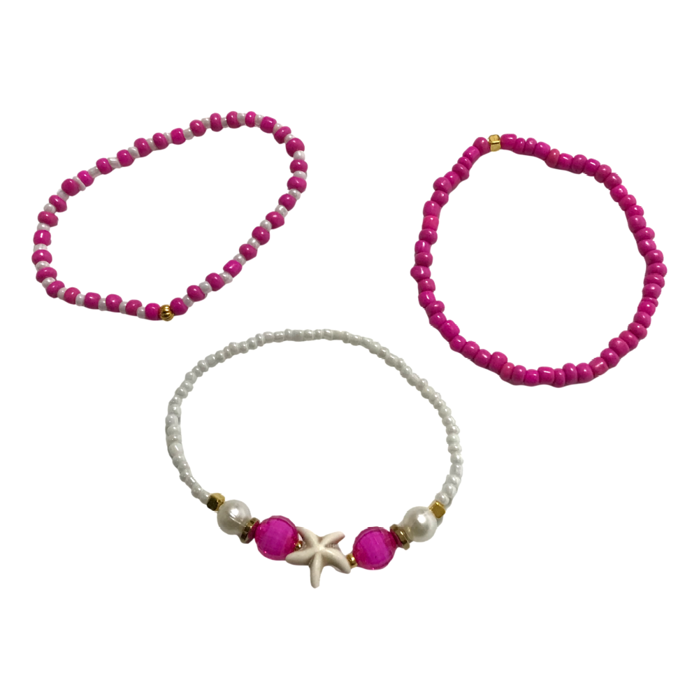 Handmade Hot Pink White Beaded Bracelet Set, Starfish Charm, Boho Ocean Jewelry