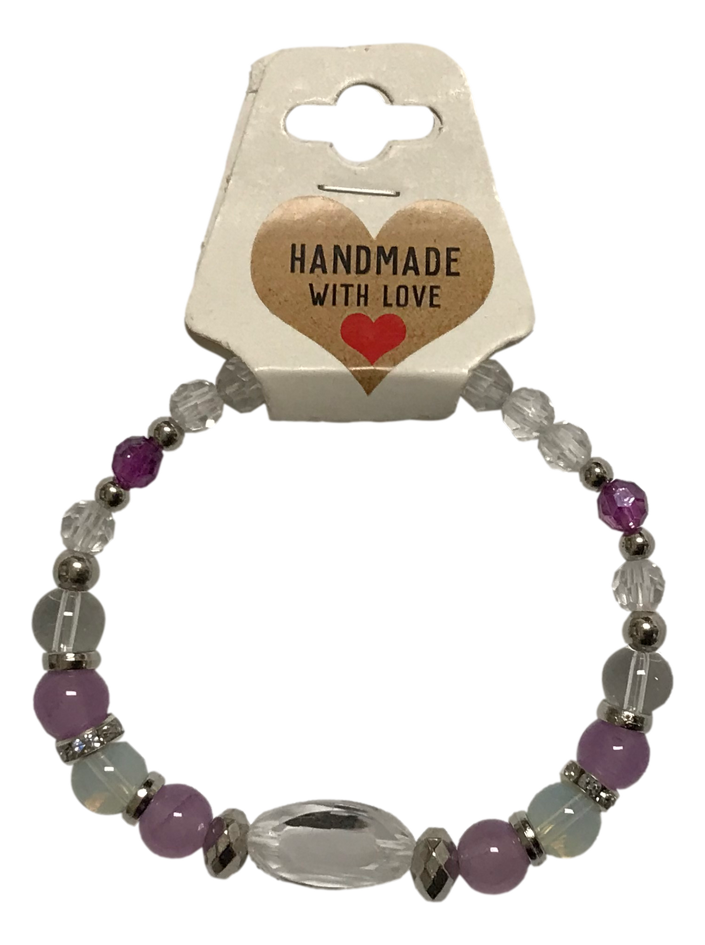 Handmade Beaded Bracelet – Amethyst-Style, Moonstone-Inspired & Quartz-Look Accents, Purple Boho Jewelry