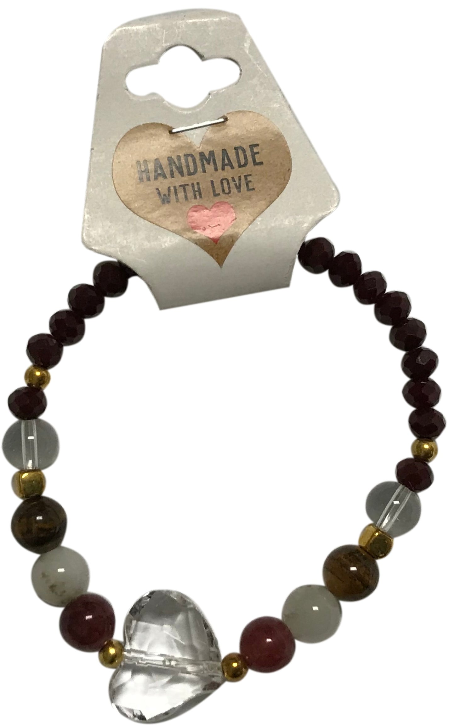 Handmade Garnet Beaded Bracelet with Clear Crystal Style Heart Charm – Tiger Eye & Jade Natural Gemstone, Healing Jewelry Gift