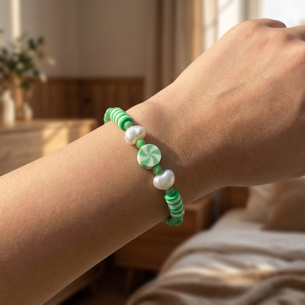 Green Clay Bead Pearl Bracelet, Preppy Peppermint Swirl Candy Jewelry, Cute Summer Gift for Her