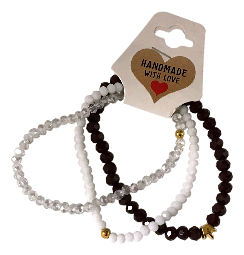 Handmade with Love Dark Brown, White, Clear Beaded Bracelet Set, Earthy Sparkle Stack