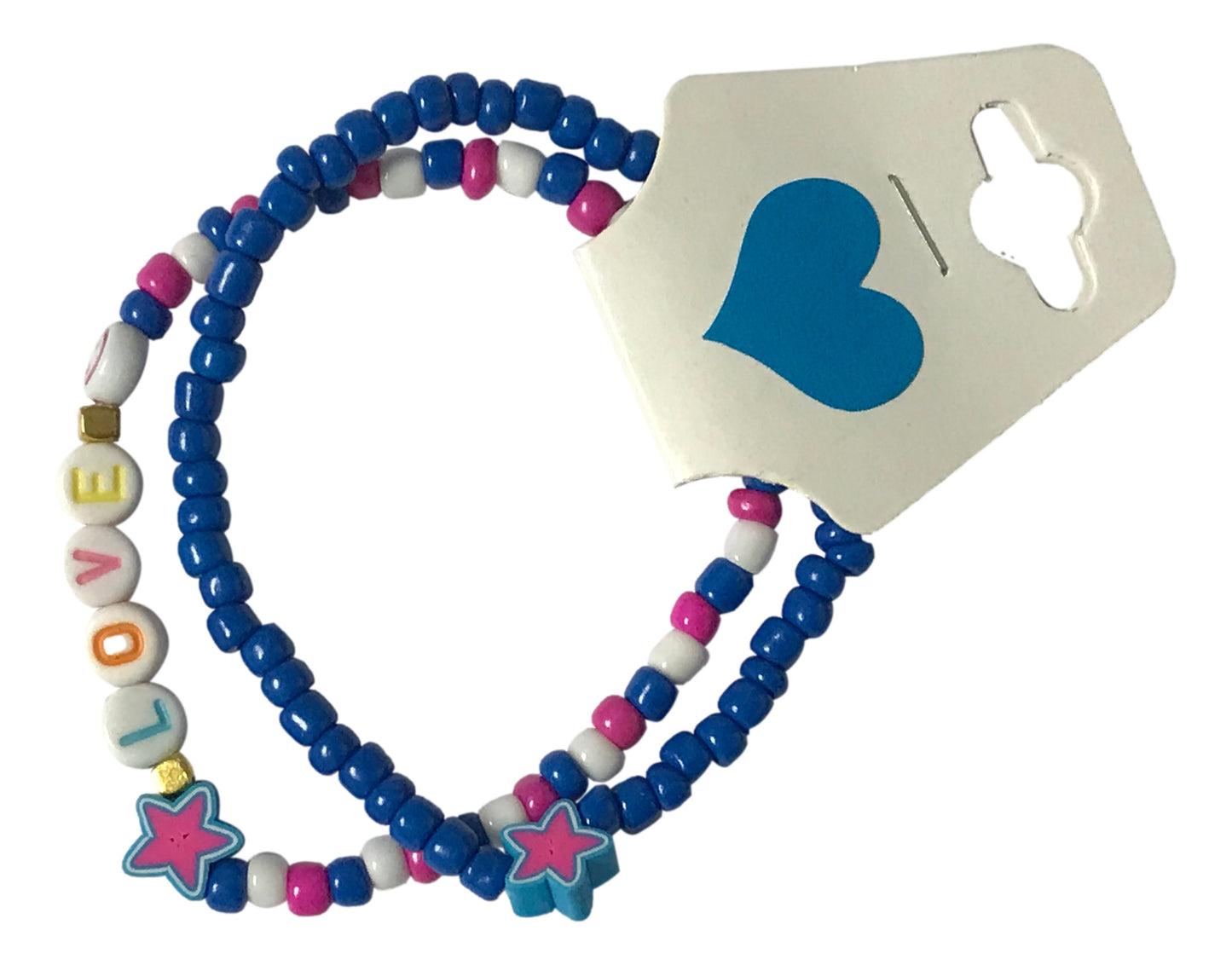Handmade Beaded Friendship Bracelet Set (2 pcs) – Multicolor “LOVE” Letters, Pink & Blue Star Beads, Gold Accents, Playful Gift for Kids/Teens