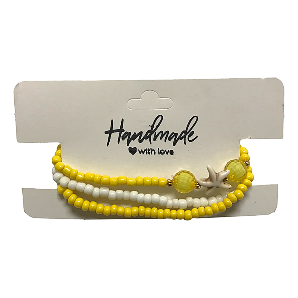 Set of yellow and white beaded bracelets with a starfish charm on a 'Handmade with Love' card.