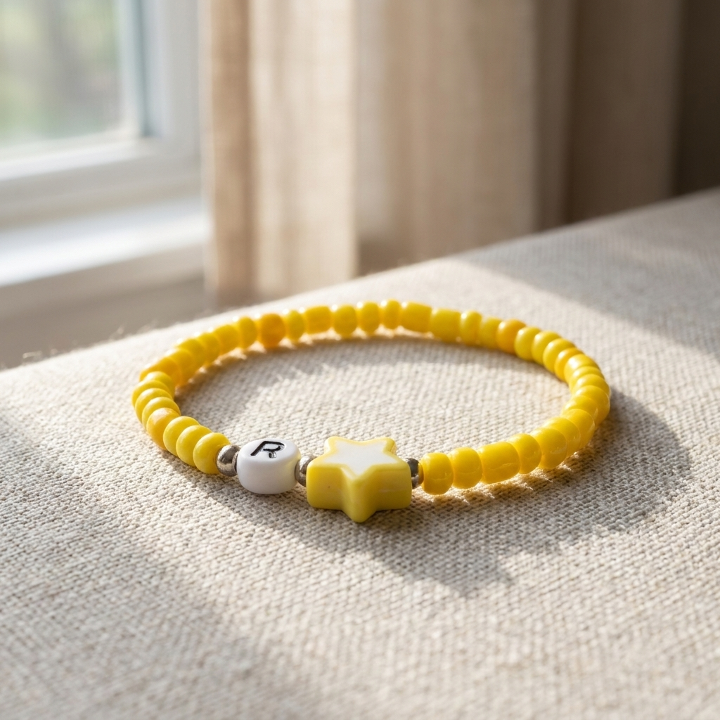 Yellow Seed Beaded Bracelet with Star Charm and Initial Letter Bead — Handmade Cute Stackable Stretch Jewelry, Minimalist Summer Gift