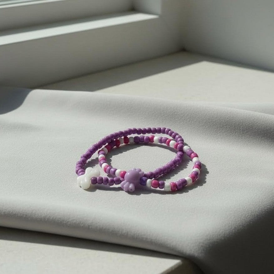 Purple & Pink Beaded Bracelet Set, Cute Bear and Heart Charm Jewelry, Coquette Aesthetic Seed Bead Bracelets, Handmade Birthday Gift for Her.
