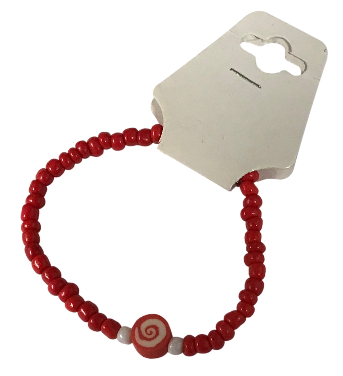 Handmade Red Beaded Bracelet with Spiral Charm – Elastic Jewelry with White Accent Beads