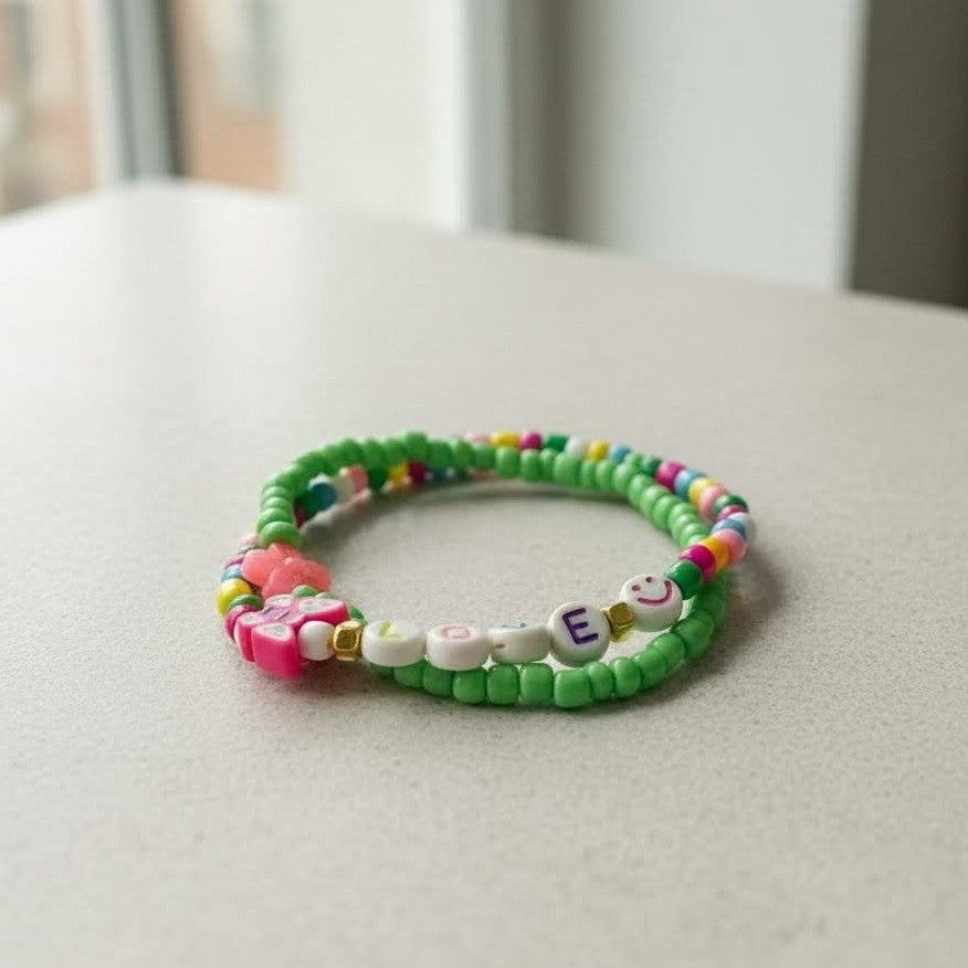 Y2K Smile Beaded Bracelet Stack, Rainbow Green Aesthetic Jewelry, Playful Happy Face Letter Beads