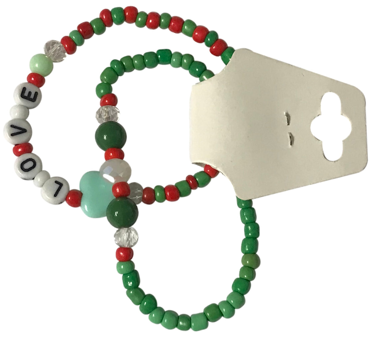 Beaded bracelet with 'LOVE' beads on a white background