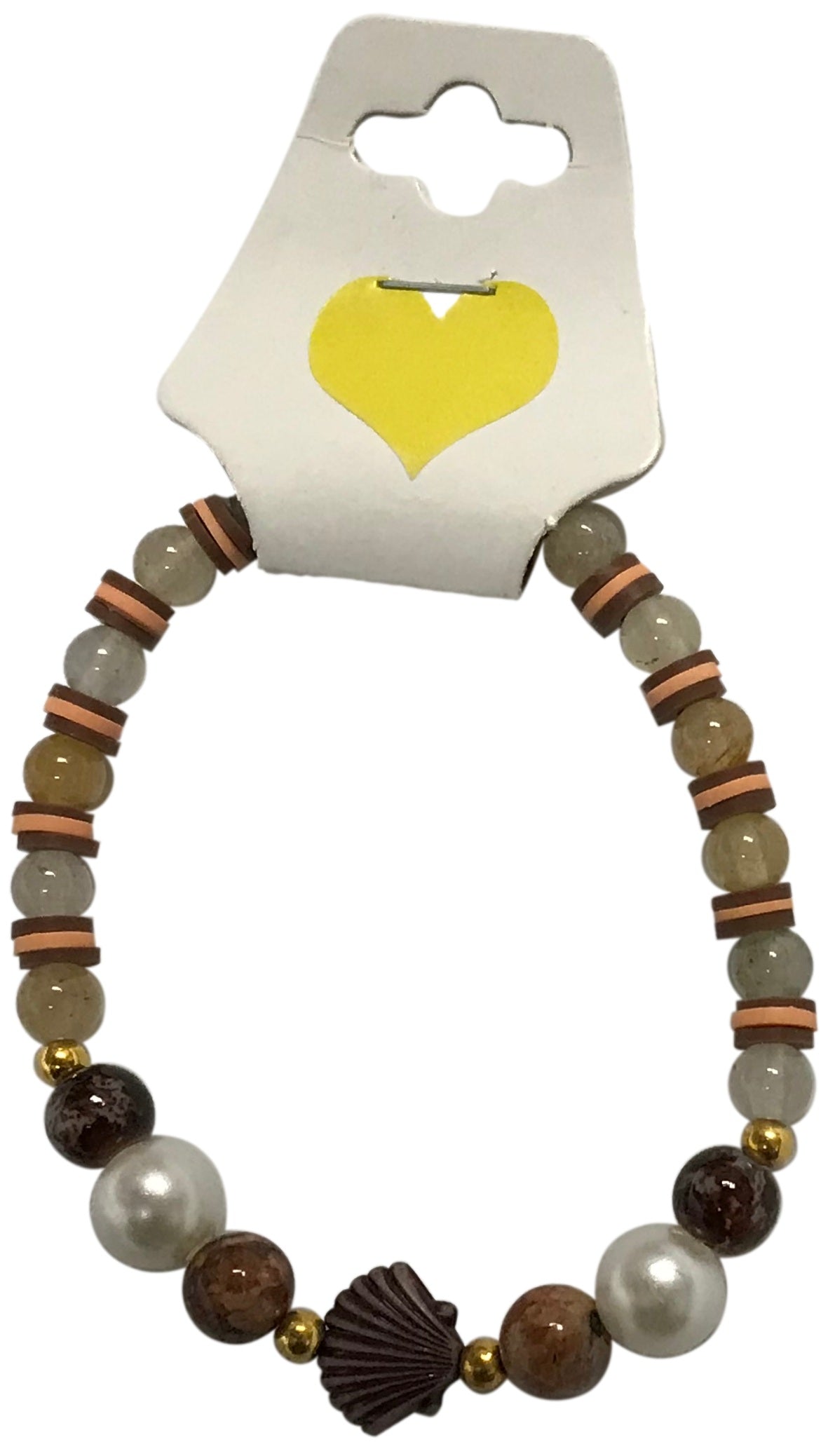 Beaded bracelet with natural elements on a card with a yellow heart
