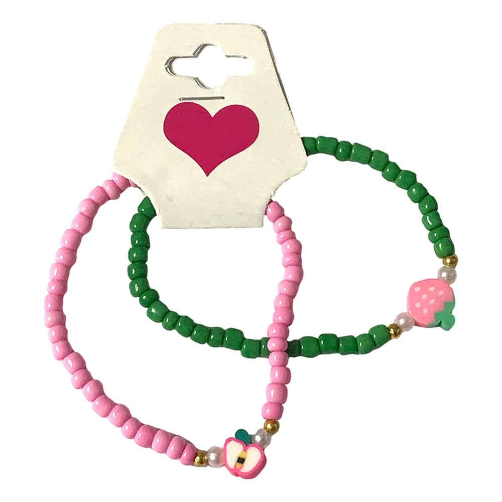 Handmade Pink Green Beaded Bracelet Set, Apple & Strawberry Charm, Playful Boho Jewelry
