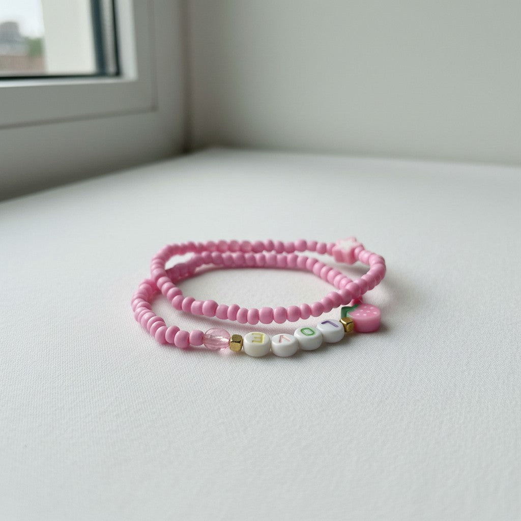 Pink Beaded Love Bracelet Set with Strawberry Charm, Cute Handmade Stretch Seed Bead Stackable Jewelry
