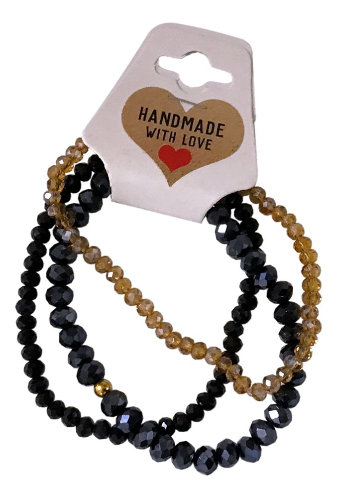 Handmade Black, Dark Grey, Light Amber Beaded Bracelet, Smoky Quartz & Obsidian Stack