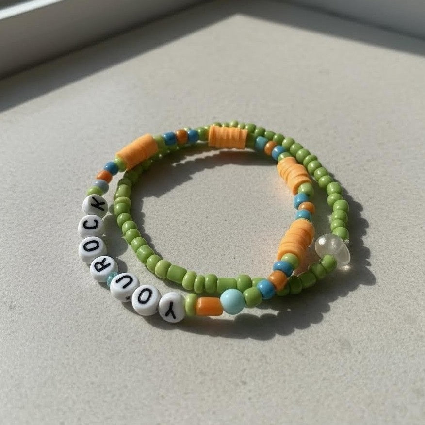 Green and Orange You Rock Letter Beads Bracelet Set, Handmade Stackable Jewelry, Personalized Gift For Her