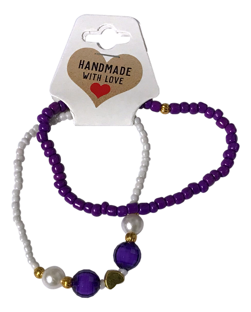 Set of two beaded bracelets with purple and white beads on a 'Handmade with Love' card.
