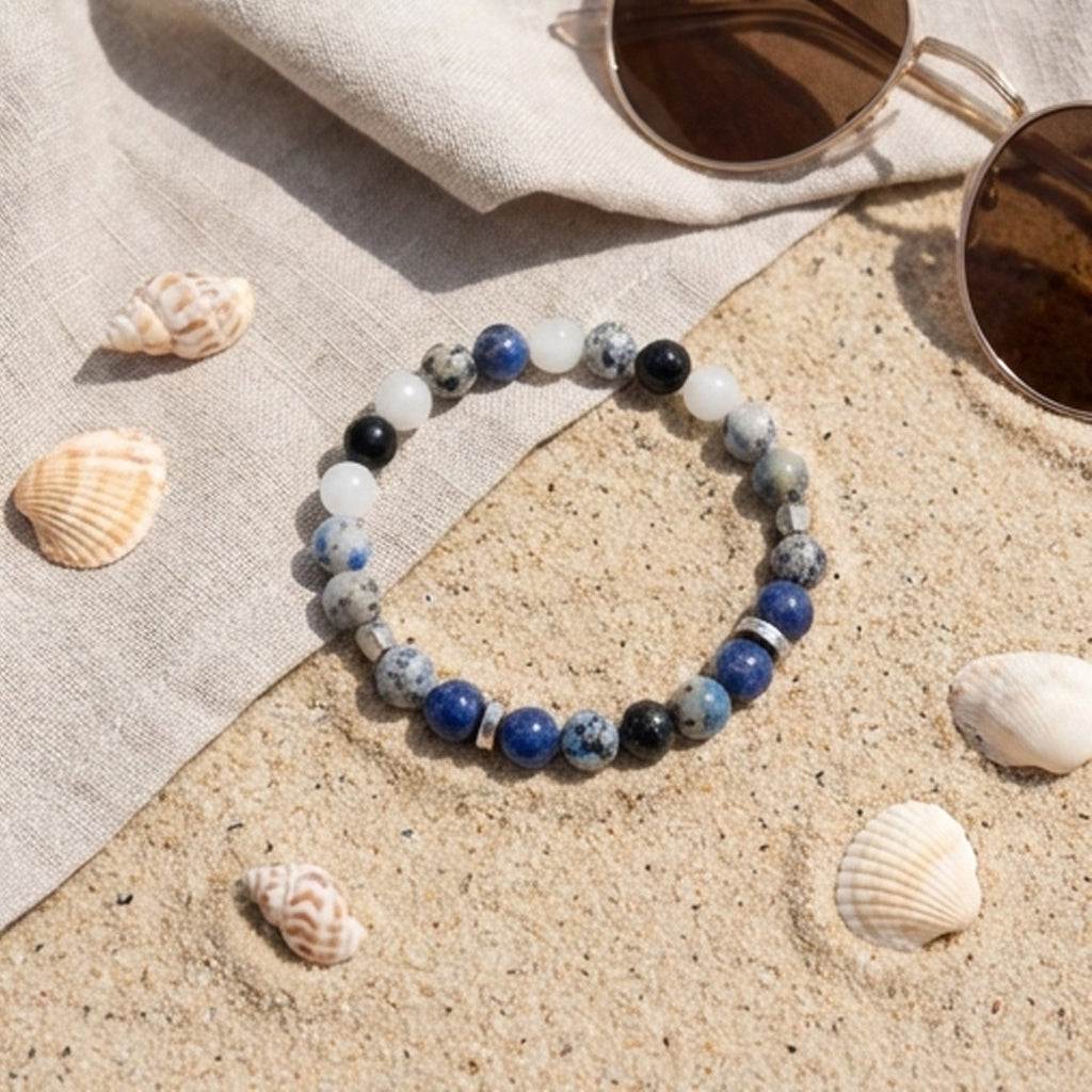 Blue and Gray Beaded Bracelet, Stretch Handmade Natural Stone, Minimalist Stacking Gemstone, Unisex Bracelet Gift