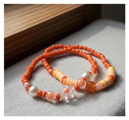 Handmade Orange & Pearl Bloom Beaded Bracelets, Teen Jewelry