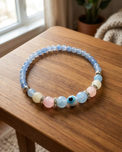 Angelite and Rose Quartz Evil Eye Bracelet Handmade Spiritual Gift Protection Blue Gemstone Beaded Natural Stone Jewelry
