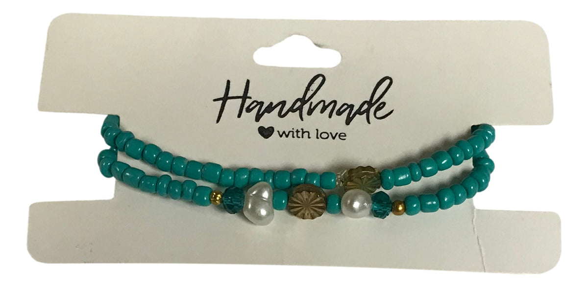 Handmade 2-Piece Turquoise Beaded Bracelet Set with Pearl Accents & Gold-Tone Flower Beads Gift