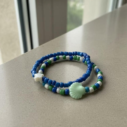 Blue & Green Ocean Bead Bracelet Set, Sea Shell & Starfish Charm Stack, Coastal Beach Jewelry Gift