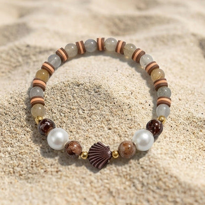 Handmade Wood and Pearl Beaded Bracelet Earth Tone Gemstone Seashell Charm Jewelry Coastal Boho Style