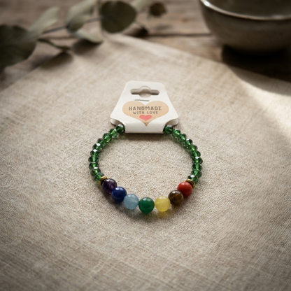Green Crystal-Style and 7 Chakra Gemstone Bracelet Natural Stone Beaded Handmade Stacking Jewelry Boho Style