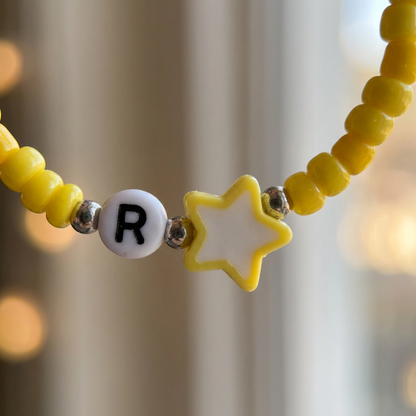 Yellow Seed Beaded Bracelet with Star Charm and Initial Letter Bead — Handmade Cute Stackable Stretch Jewelry, Minimalist Summer Gift