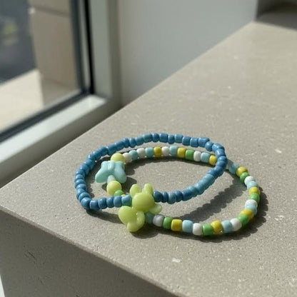 Kawaii Bunny and Butterfly Beaded Bracelet Set, Pastel Seed Bead Jewelry.