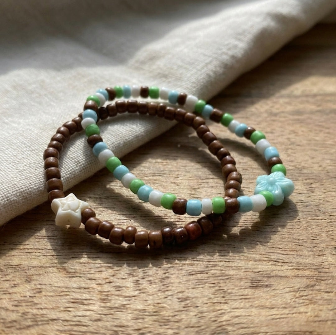 Cute Handmade Beaded Bracelet Set 2pcs Brown Blue Green White with Star & Flower Accent Gift