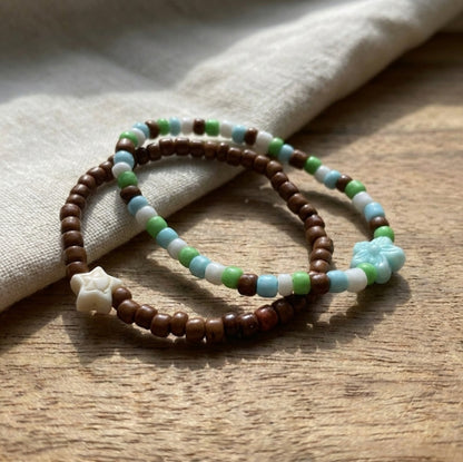 Cute Handmade Beaded Bracelet Set 2pcs Brown Blue Green White with Star & Flower Accent Gift