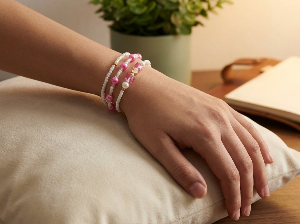 Hand wearing a bracelet with pink and white beads on a cushioned surface.