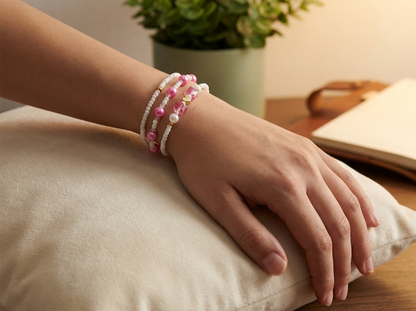 Hand wearing a bracelet with pink and white beads on a cushioned surface.