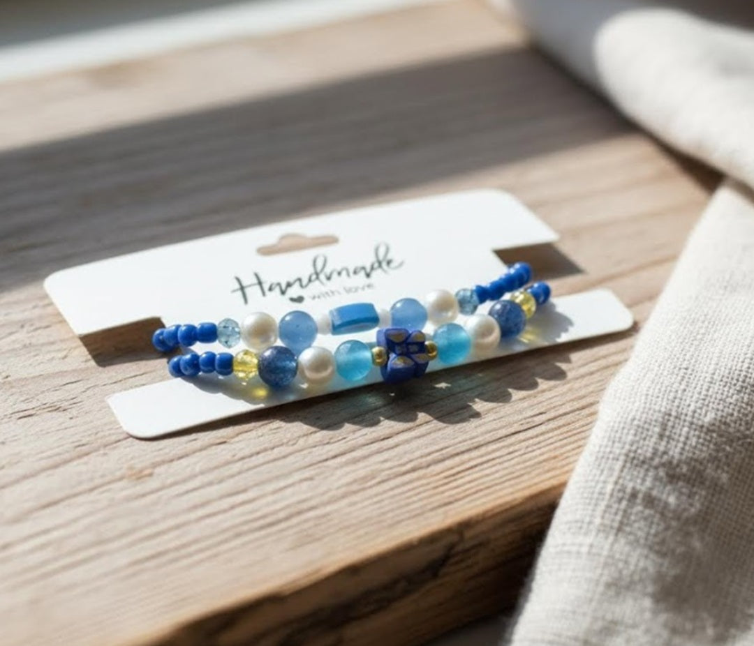 Handmade 2-Piece Blue Beaded Bracelet Set with Pearl-Style, Evil Eye & Butterfly Accents – Gift Jewelry, Boho Fashion Style