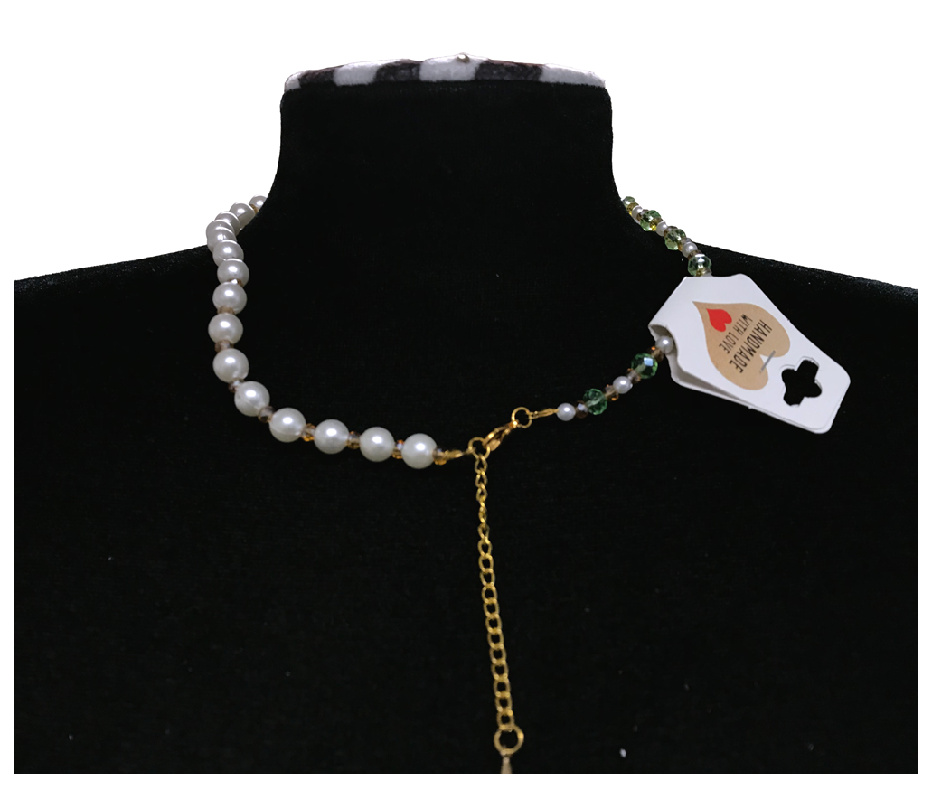 Handcrafted Spring Leaf Pearl-like Necklace with Faceted Crystal-style Beads, Metal-Plated Clasp w/ Extension Chain