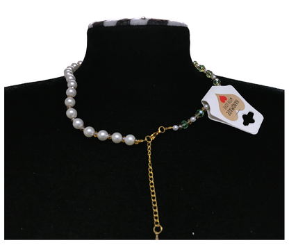 Handcrafted Spring Leaf Pearl-like Necklace with Faceted Crystal-style Beads, Metal-Plated Clasp w/ Extension Chain