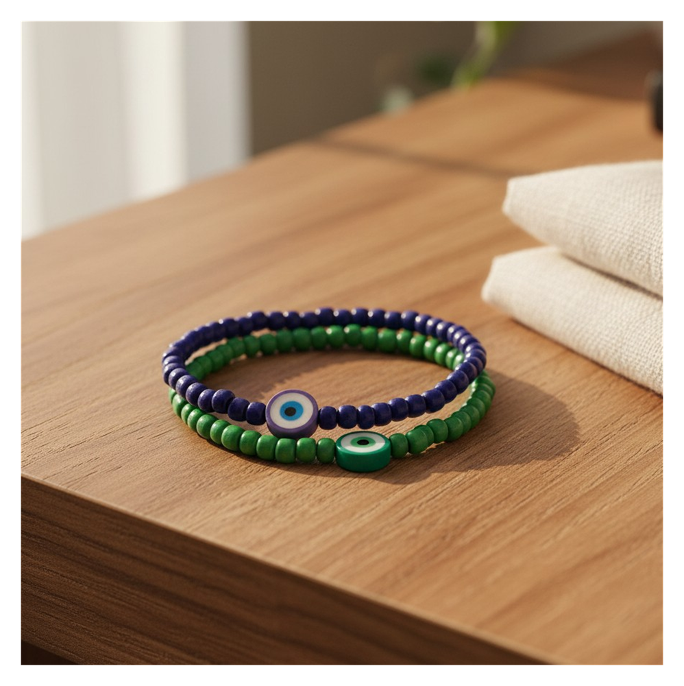 Handmade Indigo and Emerald Green Beaded Bracelets with Candy-like Charm