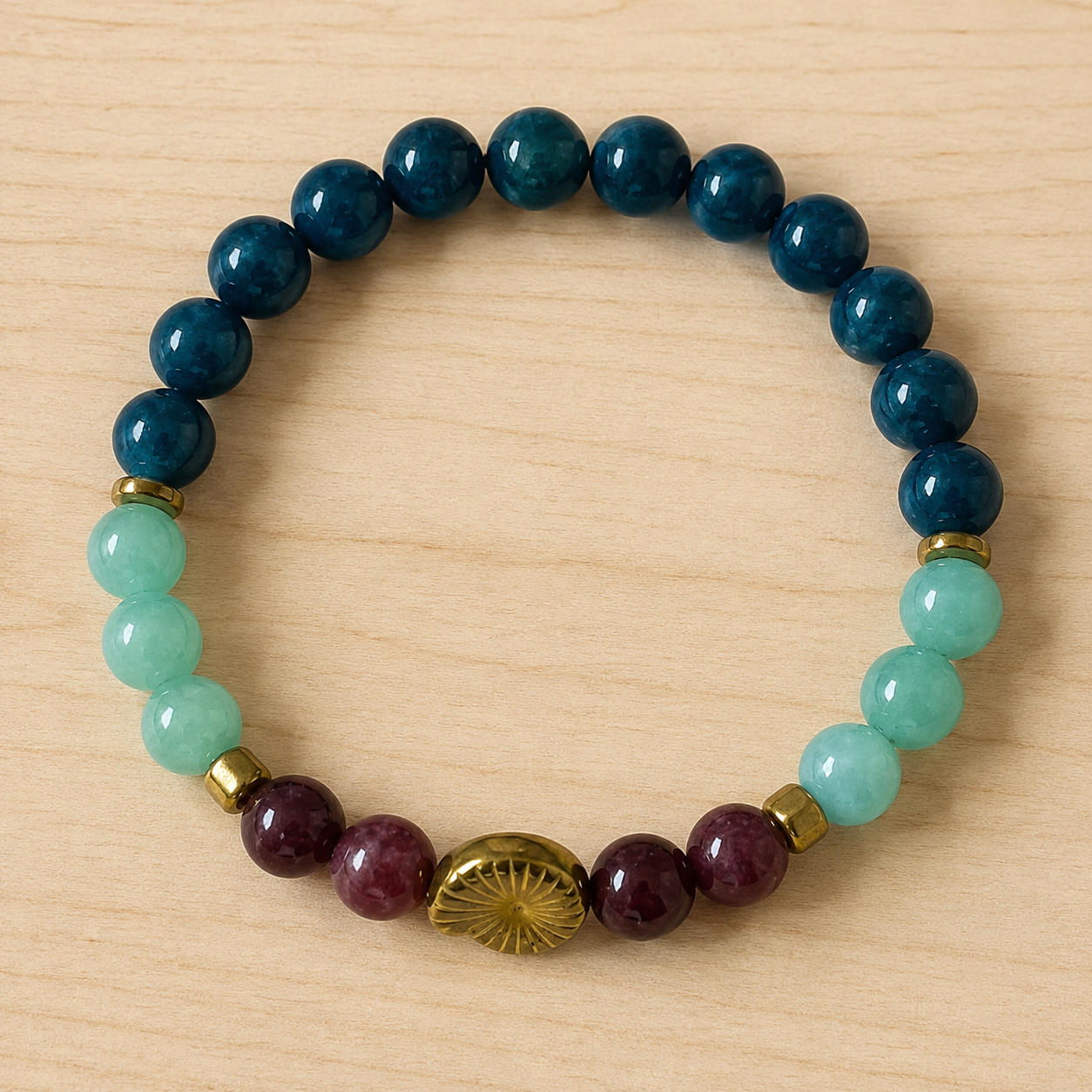 Teal Mint Beaded Bracelet, Burgundy Gold Accent, Boho Gemstone Stacking Jewelry