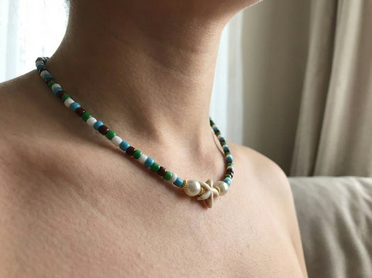 Sirenka Handmade - Starfish Beaded Necklace, Earth Tone Seed Bead Choker, Coastal Boho Jewelry with Faux Pearls
